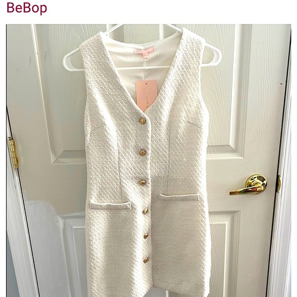 BeBop Ivory Textured V-neck Vest Style Mini Dress (Medium) with Gold Buttons - Picture 1 of 10